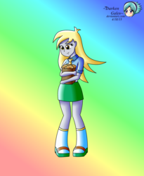 Size: 2600x3166 | Tagged: safe, artist:darkengales, derpy hooves, equestria girls, g4, bag, female, food, gradient background, high res, muffin, paper bag, rainbow background, smiling, solo