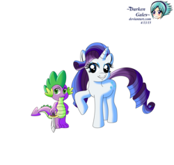 Size: 2981x2821 | Tagged: safe, artist:darkengales, rarity, spike, pony, g4, duo, high res, raised hoof, sword, weapon