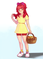 Size: 733x1000 | Tagged: safe, artist:yanabau, apple bloom, human, g4, apple, basket, bow, clothes, compression shorts, dress, female, food, freckles, hair bow, humanized, looking at you, red hair, shoes, sneakers, solo