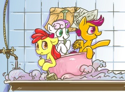 Size: 3000x2200 | Tagged: safe, artist:kovoranu, apple bloom, scootaloo, sweetie belle, g4, adventure, bath, bathtub, cute, cutie mark crusaders, hat, high res, imagination, paper hat