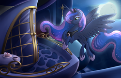 Size: 1280x831 | Tagged: safe, artist:sugaryviolet, princess luna, alicorn, pony, g4, cake, canterlot castle, coffee, female, flying, food, mare, moon, smiling, solo