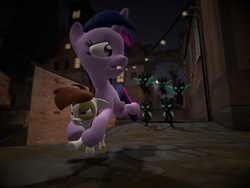 Size: 1400x1050 | Tagged: safe, artist:soad24k, pipsqueak, twilight sparkle, changeling, g4, 3d, chase, colt, female, foal, gmod, male, mare, night, protecting, running, running away
