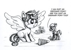 Size: 800x562 | Tagged: safe, artist:el-yeguero, princess flurry heart, g4, blocks, female, grayscale, monochrome, sitting, solo, spread wings, toy, traditional art