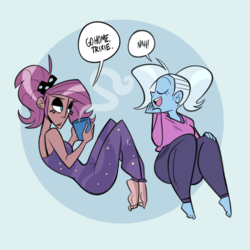 Size: 1200x1198 | Tagged: safe, artist:herny, princess luna, trixie, human, luna-afterdark, g4, barefoot, coffee, dialogue, feet, humanized, inconvenient trixie, pony coloring, soles, thunder thighs, toes