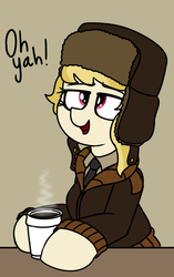 Size: 527x837 | Tagged: safe, artist:coatieyay, march gustysnows, g4, clothes, coat, coffee, dialogue, female, hat, necktie, solo, steam, ushanka