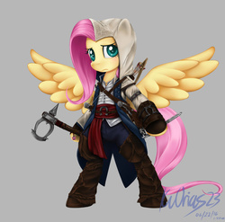 Size: 2550x2520 | Tagged: safe, artist:kvorias23, fluttershy, pony, g4, assassin's creed, axe, belt, bipedal, bow (weapon), clothes, connor kenway, crossover, female, gun, high res, hood, knife, looking at you, signature, simple background, solo, spread wings, weapon