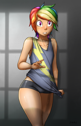 Size: 900x1400 | Tagged: safe, artist:i am nude, rainbow dash, human, g4, armpits, breasts, clothes, delicious flat chest, embarrassed, female, forgot my pants, humanized, rainbow flat, shorts, solo, sweat, tank top