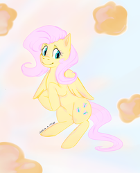 Size: 1024x1270 | Tagged: safe, artist:val-flortiz, fluttershy, pony, g4, abstract background, bipedal, female, looking away, looking down, smiling, solo