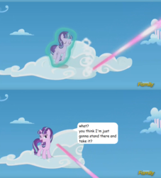 Size: 931x1024 | Tagged: safe, edit, edited edit, edited screencap, screencap, starlight glimmer, g4, the cutie re-mark, crossover, discovery family logo, glowing horn, horn, levitation, magic, sans (undertale), screencap comic, self-levitation, spoilers for another series, telekinesis, this will end in tears and/or death, undertale
