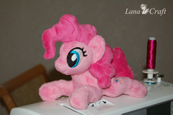 Size: 1980x1322 | Tagged: safe, artist:lanacraft, pinkie pie, g4, beanie (plushie), irl, photo, plushie, prone