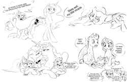 Size: 5100x3300 | Tagged: safe, artist:silfoe, princess luna, twilight sparkle, oc, oc:eventide glisten, oc:pterus, oc:twilight dapple, alicorn, bat pony, pony, other royal book, royal sketchbook, g4, adopted offspring, alicorn oc, blushing, comic, cute, dialogue, doodle, female, freckles, grayscale, kiss on the lips, kissing, lesbian, magical lesbian spawn, monochrome, mother and daughter, offspring, parent:princess luna, parent:twilight sparkle, parents:twiluna, seduction, ship:twiluna, shipping, simple background, sketch, sketch dump, tail seduce, twilight sparkle (alicorn), white background