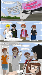 Size: 671x1191 | Tagged: safe, artist:tfsubmissions, part of a set, human, comic:the mane attraction, brony, brown hair, clothes, comic, convention, cutie mark on clothes, denim, denim shorts, dialogue, facial hair, glasses, grammar error, group, human male, imminent transformation, light skin, male, male to female, pants, part of a series, rule 63, shirt, shorts, speech bubble, sunglasses, t-shirt, transformation, transgender transformation