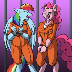 Size: 3300x3300 | Tagged: safe, artist:foxenawolf, pinkie pie, rainbow dash, anthro, unguligrade anthro, g4, clothes, cuffs, duo, eyes closed, floppy ears, high res, jumpsuit, laughing, open mouth, prison, prison outfit, prisoner, prisoner pp, prisoner rd, shirt, smiling, unamused, undershirt, wings