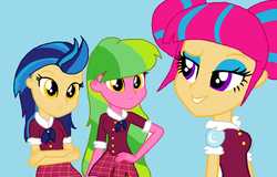 Size: 1024x655 | Tagged: safe, artist:mlplovesyouxx, indigo zap, lemon zest, sour sweet, equestria girls, g4, alternate universe