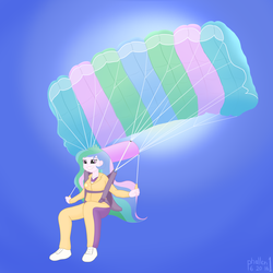 Size: 2500x2500 | Tagged: safe, artist:phallen1, princess celestia, principal celestia, equestria girls, g4, clothes, female, flying, high res, jumpsuit, parachute, skydiving, solo, summer sun celebration, sun