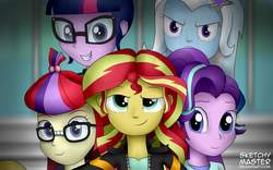 Size: 4000x2500 | Tagged: safe, artist:sketchzi, moondancer, sci-twi, starlight glimmer, sunset shimmer, trixie, twilight sparkle, equestria girls, g4, clothes, equestria girls-ified, glasses, leather jacket, magical quintet, selfie, twilight's counterparts