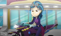 Size: 2500x1500 | Tagged: safe, artist:sketchzi, indigo zap, equestria girls, g4, my little pony equestria girls: friendship games, clothes, commission, crystal prep academy, dirt bike, ear piercing, female, goggles, motocross outfit, motorcross, motorcycle, piercing, riding, solo