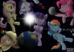 Size: 2592x1804 | Tagged: safe, artist:sketchzi, applejack, fluttershy, pinkie pie, rainbow dash, rarity, twilight sparkle, alicorn, pony, g4, broken, earth, eating, eyes closed, gem, giant pony, macro, mane six, moon, pony bigger than a planet, relaxing, space, stars, twilight sparkle (alicorn)