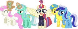 Size: 8910x3346 | Tagged: safe, artist:8-notes, lemon hearts, lyra heartstrings, minuette, moondancer, twinkleshine, alicorn, pony, g4, absurd resolution, alicornified, alternate universe, clothes, cute, eyes closed, glasses, group, hand, happy, magic, magic hands, moondancercorn, open mouth, race swap, raised hoof, simple background, sweater, transparent background, turtleneck