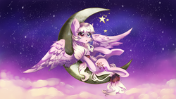 Size: 3840x2160 | Tagged: safe, artist:chocori, oc, oc only, oc:dream whisper, pony, chinese, cloud, crescent moon, dreamworks, heterochromia, high res, moon, night, solo, stars, tangible heavenly object, transparent moon