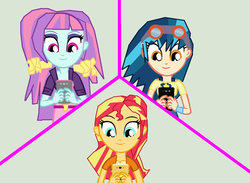 Size: 1024x749 | Tagged: safe, artist:pizzasister, indigo zap, sunny flare, sunset shimmer, equestria girls, g4, my little pony equestria girls: friendship games, alternate clothes, alternate hairstyle, alternate universe, clothes, goggles, phone, shirt