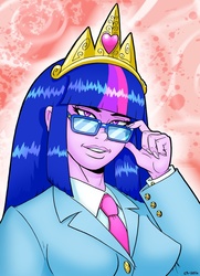 Size: 759x1051 | Tagged: safe, artist:curtsibling, twilight sparkle, equestria girls, g4, big crown thingy, business suit, female, jewelry, looking at you, regalia, solo, sunglasses
