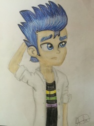 Size: 2448x3264 | Tagged: safe, artist:shabrina025, flash sentry, equestria girls, g4, adrien agreste, chat noir, clothes, clothes swap, crayon drawing, crossover, frown, high res, male, miraculous ladybug, raised eyebrow, redraw, solo, traditional art