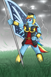 Size: 3600x5400 | Tagged: safe, artist:10art1, commander hurricane, rainbow dash, pegasus, anthro, g4, armor, banner, female, nationalism, solo