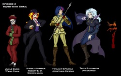 Size: 2200x1388 | Tagged: safe, artist:urusee584, sunset shimmer, trixie, twilight sparkle, uncle curio, vampire, equestria girls, g4, black background, clothes, dio brando, even speedwagon is afraid, humanized, jojo's bizarre adventure, jonathan joestar, male, necktie, phantom blood, robert eo speedwagon, simple background, suit, sunset helper, sweater vest, the implications are horrible, trap, wang chan