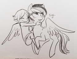 Size: 2758x2142 | Tagged: safe, artist:glacierclear, rainbow dash, human, g4, blushing, high res, hug, human on pony snuggling, monochrome, sketch, snuggling, traditional art, winghug