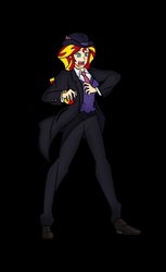 Size: 850x1388 | Tagged: safe, artist:urusee584, sunset shimmer, equestria girls, g4, black background, clothes, context is for the weak, even speedwagon is afraid, female, humanized, jojo's bizarre adventure, necktie, phantom blood, robert eo speedwagon, simple background, solo, suit, sunset helper, sweater vest