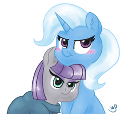 Size: 1440x1300 | Tagged: safe, artist:ruushiicz, maud pie, trixie, pony, unicorn, g4, :i, blushing, cute, female, hug, lesbian, mare, maudabetes, nose wrinkle, ship:mauxie, shipping, simple background