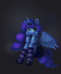 Size: 771x934 | Tagged: safe, alternate version, artist:elunian, princess luna, alicorn, anthro, unguligrade anthro, g4, clothes, female, shorts, sitting, socks, solo, striped socks, t-shirt