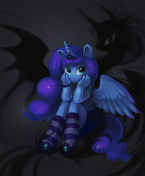 Size: 771x934 | Tagged: safe, artist:elunian, nightmare moon, princess luna, alicorn, anthro, unguligrade anthro, g4, clothes, duality, female, shadow, shorts, sitting, socks, solo, striped socks, t-shirt