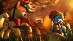 Size: 1920x1080 | Tagged: safe, artist:indexpony, applejack, rainbow dash, g4, 3d, bandana, barrel, cider, mug, source filmmaker, sunset, sweet apple acres, twilight (astronomy)