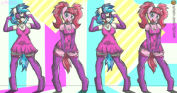 Size: 1500x788 | Tagged: safe, artist:flutterthrash, dj pon-3, pacific glow, vinyl scratch, anthro, unguligrade anthro, g4, clothes, commission, dress, duo, me!me!me!, socks, thigh highs