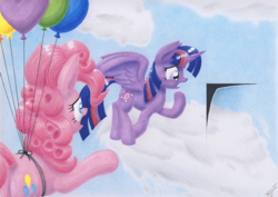 Size: 4650x3295 | Tagged: safe, artist:xeviousgreenii, pinkie pie, twilight sparkle, alicorn, earth pony, pony, g4, balloon, flying, high res, hole, parody, the truman show, then watch her balloons lift her up to the sky, traditional art, twilight sparkle (alicorn)