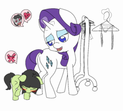 Size: 687x624 | Tagged: safe, artist:happy harvey, rarity, oc, oc:anon, oc:filly anon, pony, g4, bedroom eyes, blushing, butt, clothes, clothes hanger, colt, embarrassed, female, filly, heart, lingerie, makeover, male, mare, phone drawing, plot, rule 63, underwear