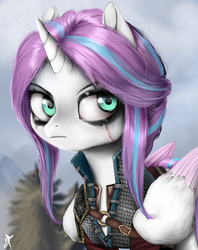 Size: 950x1200 | Tagged: safe, artist:supermare, princess flurry heart, g4, blood, bust, ciri, clothes, crossover, female, older, older flurry heart, princess emo heart, signature, solo, the witcher 3