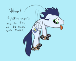 Size: 1500x1200 | Tagged: safe, artist:mightyshockwave, soarin', pony, g4, backwards cutie mark, dumbbells, male, solo, tired, training, weights