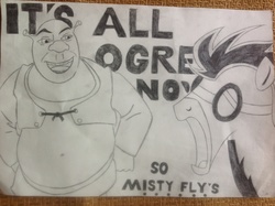 Size: 2592x1936 | Tagged: safe, artist:billystorm, soarin', ogre, pegasus, pony, g4, male, monochrome, shocked, shrek, shrek (character), shrek is love shrek is life, simple background, stallion, traditional art, white background