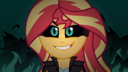 Size: 6381x3590 | Tagged: safe, artist:orin331, artist:orinuri, sunset shimmer, equestria girls, g4, black sclera, dark magic, evil, evil grin, female, fire, glowing eyes, looking at you, magic, solo