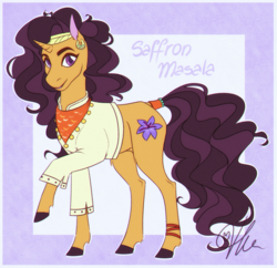 Size: 1024x992 | Tagged: safe, artist:hariamart, saffron masala, pony, unicorn, g4, spice up your life, clothes, colored hooves, cute, ear piercing, earring, female, jewelry, leg fluff, mare, piercing, saffronbetes, signature, solo