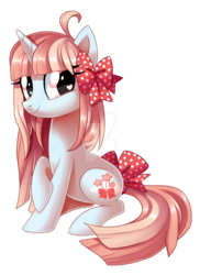 Size: 1024x1410 | Tagged: safe, artist:centchi, oc, oc only, oc:wishy wish, hair bow, solo, tail bow, watermark