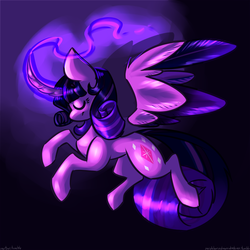 Size: 2500x2500 | Tagged: safe, artist:ogaraorcynder, rarity, twilight sparkle, alicorn, pony, rartwi, g4, curved horn, eyes closed, female, floating wings, flying, fusion, glowing horn, high res, horn, lesbian, magic, mare, ship:rarilight, solo, twilight sparkle (alicorn)