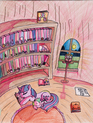 Size: 2496x3310 | Tagged: safe, artist:thedreadedfoxking, owlowiscious, spike, twilight sparkle, g4, book, sleeping, traditional art