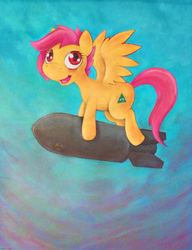 Size: 2000x2600 | Tagged: safe, artist:darkdoomer, oc, oc only, pegasus, pony, acrylic painting, atomic bomb, bomb, eye of providence, high res, nuclear weapon, painting, riding a bomb, solo, traditional art, weapon