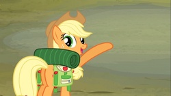 Size: 1100x618 | Tagged: safe, screencap, applejack, earth pony, pony, g4, sleepless in ponyville, applebutt, backpack, butt, female, freckles, mare, open mouth, plot, raised hoof, solo