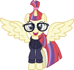 Size: 5896x5601 | Tagged: safe, artist:8-notes, moondancer, alicorn, pony, g4, :d, absurd resolution, alicornified, alternate universe, clothes, cute, female, glasses, happy, looking at you, mare, moondancercorn, open mouth, ponyscape, race swap, simple background, smiling, solo, spread wings, sweater, transparent background, turtleneck, uvula, vector, wings