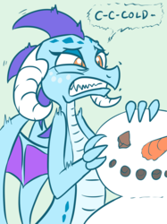 Size: 1238x1658 | Tagged: safe, artist:lockhe4rt, princess ember, dragon, g4, carrot, cold, drawthread, female, food, shivering, snow, snowman, solo, speech bubble
